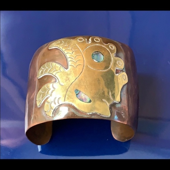 Vintage Copper Abalone Brass Inlay Cuff Bracelet - Picture 5 of 5